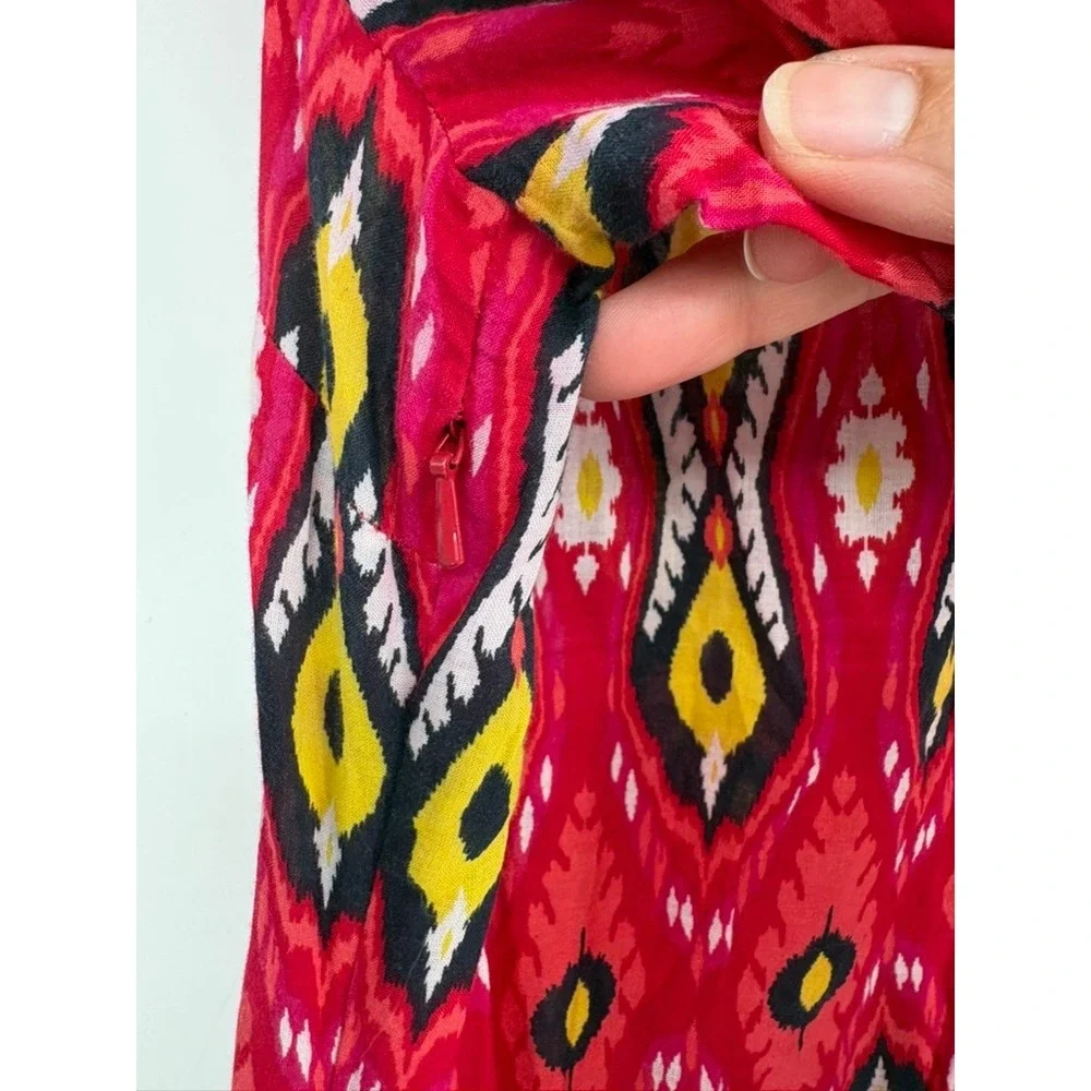 Tory Burch Tunic Women 6 Red Ikat Print V-Neck Long‎ Sleeve Side Slits Cotton